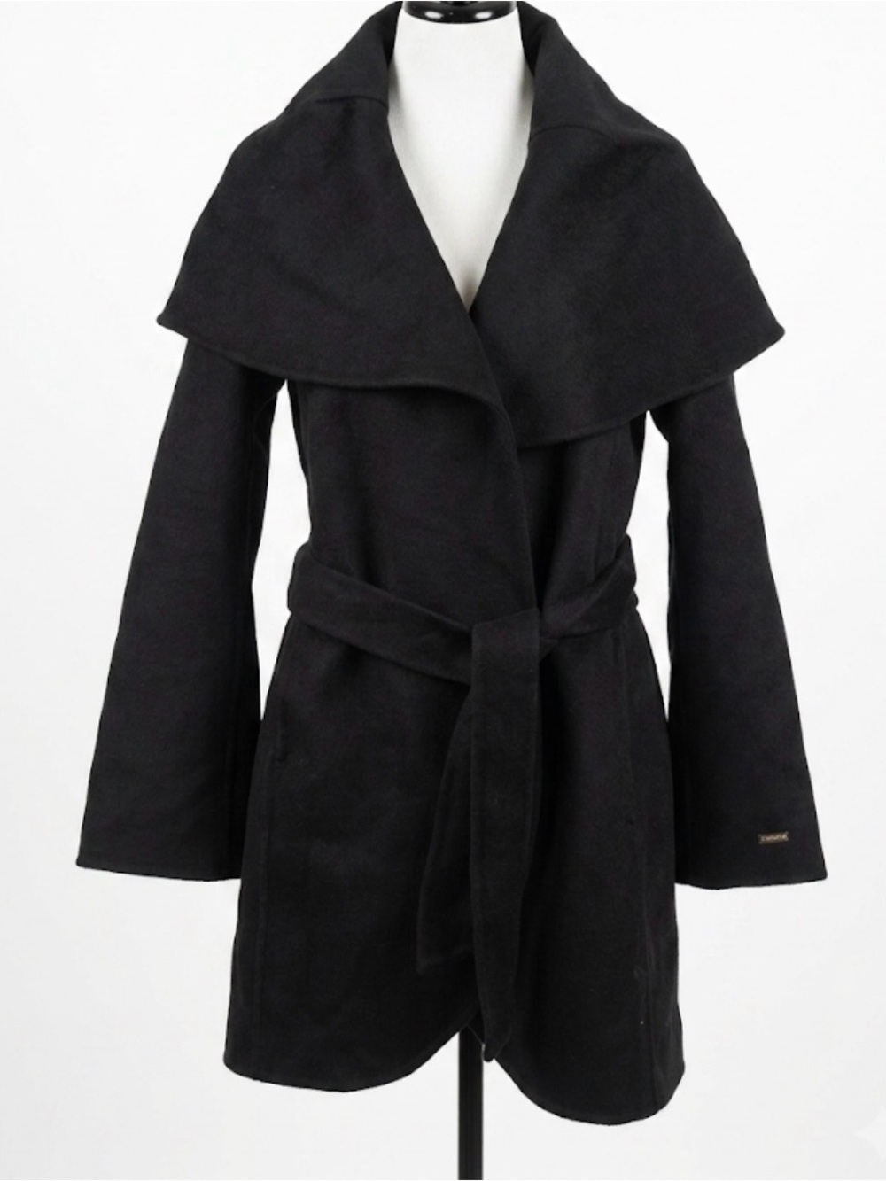 Tahari Women's Black Wool Blend Wrap Coat Oversized Cape Collar Size M Belted